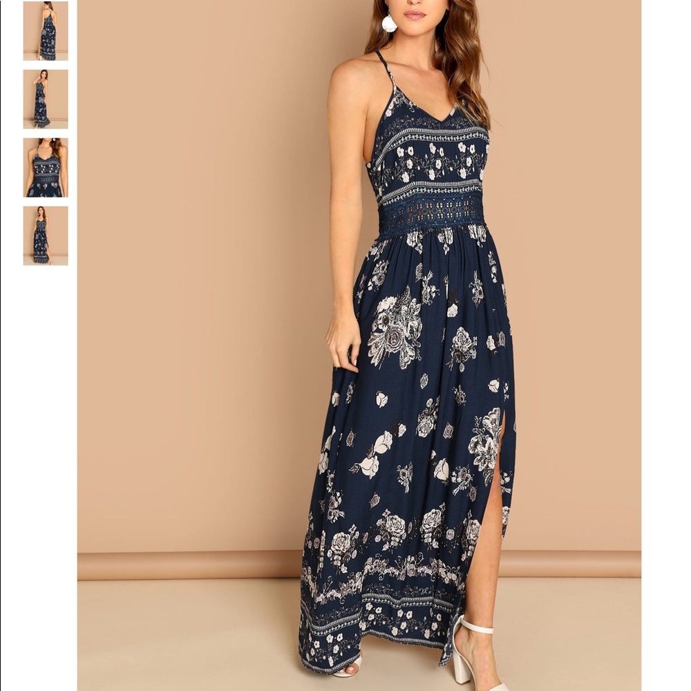 Lace split floral maxi cami dress